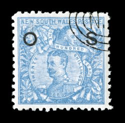 O33, 1890 20- Ultramarine with OS overprint, remarkably well centered, brilliantly fresh, neat c.t.o. cancel at top right which is virtually the only way this stamp exists
used, extremely fine an exceedingly choice example of this very scarc