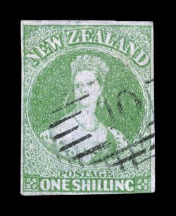 6, 1858 1- Green, full margins nearly all around, just touching the frame line at bottom right, attractive color, lightly cancelled, minute corner crease at top left, nearly
very fine 2006 BPA certificate (S.G. 6 £3,750).