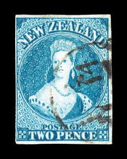 26a, 1863 2p Dull dark blue, imperforate, full to large margins all around, wonderfully bright color and a strong impression on fresh white paper, light cancel, very fine 1990
RPSNZ certificate (S.G. 96 £800).