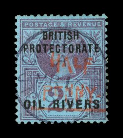 17, 1893 HalfPenny. Red surcharge on 2 12p, rich colors, light centrally struck Old Calabar 16.3.94 c.d.s., very fine 2005 BPA certificate (S.G. 31 £700).