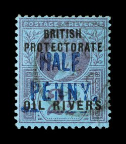 24, 1893 HalfPenny. Blue surcharge on 2 12p, attractive colors, light Old Calabar 6.7.94 c.d.s., nearly very fine 2005 BPA certificate (S.G. 14 £450).