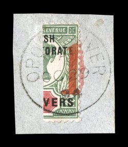 50, 1894 1 Red surcharge on half of 2p, tied to piece by full strike of Opobo River 29.10.94 c.d.s., marvelously fresh, very fine 2005 BPA certificate (S.G. 59
£375).