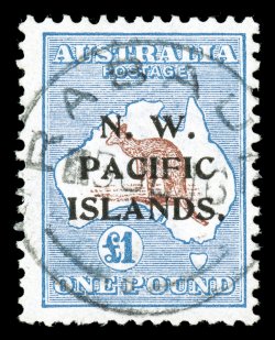 10, 1915 £1 Ultramarine and brown, lovely colors that are uncommonly bright and rich, centrally struck Rabaul c.d.s., nearly very fine 2005 APS certificate (S.G. 85
£600).