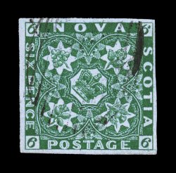 5, 1857 6p Dark green, an most attractive copy, with deep intense color and a razor-sharp impression on crisp paper, four large margins, lightly cancelled, extremely fine 1998
BPA certificate (Unitrade C$2,500.00).