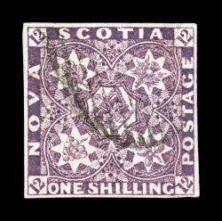 6, 1860 1- Reddish violet, full to large margins all around, rich vibrant color and an excellent clarity of impression, light oval grid cancel, very fine a handsome example of
this rare and difficult stamp 1965 BPA certificate (Unitrade C$7,0