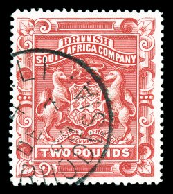 58, 1897 £2 Bright red, well entered, gorgeous color that is sumptuously rich, neat 1898 c.d.s. postmark, very fine 2006 BPA certificate (S.G. 74 £450).