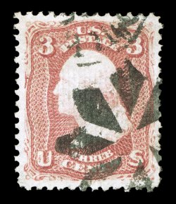 85C, 3c Rose, Z grill, remarkably well centered within lavishly large margins, gorgeous rich color and a crisp detailed impression, clearly defined Z grill, well struck circle
of wedges and a small part of a c.d.s. cancel, an extremely fine