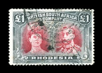 118c, 1910 £1 Black and red, perf. 15, actually in the lake-brown and pale slate black shade (RSC F) in which the color is just slightly faded, Bulawayo c.d.s. cancels, small
thin at top, overall of fine appearance a collectable example of th
