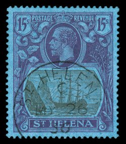 94, 1922 15- Violet and black on blue Badge of the Colony, an outstanding example of this high value, being extraordinarily well centered, rich vibrant colors, light but clear
c.d.s. postmark, extremely fine the Fifteen Shilling value is rarel