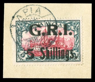 113, G.R.I.5 Shillings Surcharge on 5M Slate and carmine, tied to piece by complete strike of Apia 10.9.14 c.d.s., well centered, vibrant colors, very fine and scarce 1980
Bothe certificate (S.G. 114 £1,000).