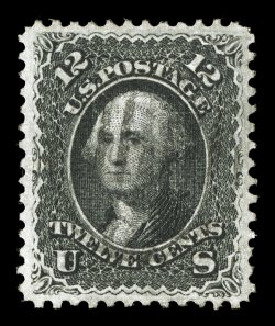 85E, 12c Black, Z grill, flawlessly centered within uncharacteristically large margins, deep prooflike color and a remarkably intense impression, lightly struck black grid
cancel, extremely fine a truly extraordinary stamp.Like its Three Ce