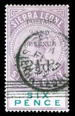 55, 1897 2 12d. Surcharge on 6p Lilac and green, well centered, strong vibrant colors, Freetown 27.2.97 c.d.s., insignificant tiny wrinkle, very fine 2006 BPA certificate (S.G.
62 £325).