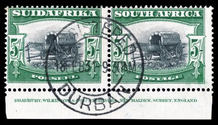 30, 31, 1927 26 Brown and blue green, 5- Deep green and black, each is a bottom margin imprint horizontal pair, bright rich colors, c.d.s. cancels, fine-very fine each is
accompanied by a 2000 Philatelic Federation of Southern Africa cert