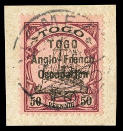 55, 1914 50pf Purple and black on salmon, second setting, tied to piece by complete strike of Lome 29.9.14 c.d.s., deeply rich colors, very fine an incredibly rare stamp  with
only 20 copies printed and all known examples are used 1930 BPA