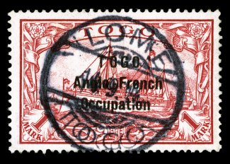 57, 1914 (Oct.) 1M Carmine, narrow overprint setting, remarkably well centered, strong rich color, socked on the nose Lome c.d.s. postmark, very fine a very rare stamp, with
only about 100 printed signed Hoffmann-Gieseske (S.G. H23 £4,000).