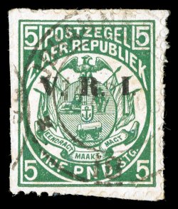 213, 1900 £5 Dark green with V.R.I. overprint, tied to piece by light double ring c.d.s., well centered, strong color, very fine a desirable example of this rarely offered
stamp 1990 BPA certificate listed but unpriced in Scott (S.G. 237).
