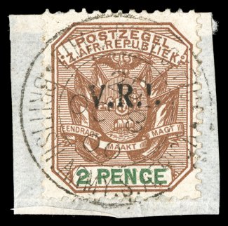 216, 1900 2p Brown and green, V.R.I. overprint, tied to piece by light full strike of a British Army Field Post Office 25 c.d.s. of October 8, 1900, bright colors, slightly
shorter perf. at top where it overlaps the edge of the piece, otherwis