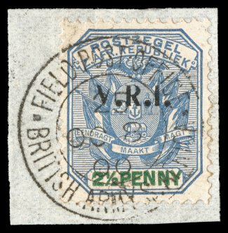 217, 1900 2 12p Ultramarine and green, V.R.I. overprint, tied to piece by complete strike of a British Army Field Post Office 25 c.d.s. of October 8, 1900, well centered and
fresh, choice very fine a handsome example of this exceedingly scar