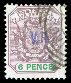 229, 1900 Rustenburg V.R. violet overprint on 6p Violet and green, cancelled by squared-circle Rustenburg c.d.s., attractive color, fine and scarce 1989 Brandon certificate
(S.G. 6 £350).