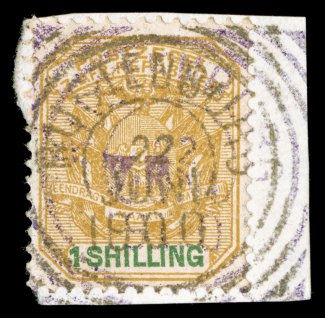 230, 1900 Rustenburg V.R. violet overprint on 1- Bister and green, tied to piece by squared-circle Rustenburg c.d.s., strong color, a fine example of this elusive stamp 1968
RPS certificate (S.G. 7 £750).