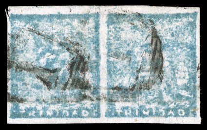 11, 1858 (1p) Slate blue on thin paper, worn impression, scarce horizontal pair, large margins all around, typical worn impression, light horizontal crease and small scissor
cut in the top left margin, very fine appearance 1946 BPA certificate