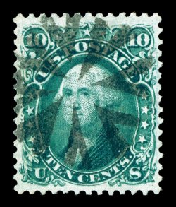 89, 10c Green, E grill, exceptionally well centered within large margins, rich color and a clean impression, marvelously cancelled by a centrally struck circle of wedges cancel,
extremely fine a most attractive stamp 1997 PF certificate.