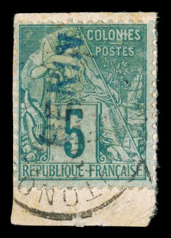 15, 1892 5c Green, with blue Benin handstamp, tied to piece by light c.d.s., strong rich color, fine a highly collectable example of this scarce stamp signed Miro and
accompanied by a 2000 J.F. Brun certificate (Yvert 4A Ç1,,200).