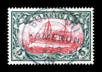 19, 1900 5M Slate and carmine, extraordinarily well centered, fresh color, light Bonaberi c.d.s. dated 4.2.09, extremely fine a scarce stamp genuinely used 2007 Steuer
certificate (Michel 19 Ç600).