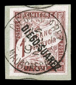 J13, 1892 1Fr Brown postage due, with Diego-Suarez ovpt., tied to piece by neat c.d.s., large margins all around, rich bright color, very fine a lovely example of this rare
stamp that is the key to completing the colony 2002 APS certificate