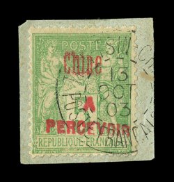 J7, 1903 5c Yellow green postage due, tied to piece by light 1903 c.d.s., bright color, fine a rare postage due stamp signed H. Bloch (Yvert TT6B Ç1,000).