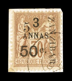 32, 1897 5a & 50c on 3a on 30c Brown on bister, tied to small piece by light c.d.s., rich color, fine signed Champion and accompanied by a 2000 J.F. Brun certificate (Yvert 35
Ç800).
