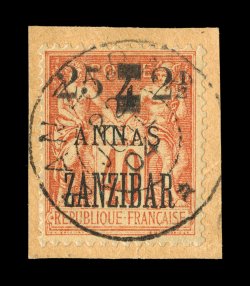 50, 1904 25c & 2 12a on 4a on 40c Red on straw, tied to piece by nearly complete c.d.s., strong color, very fine only 150 printed and only known used signed A. Brun, Roumet and
accompanied by a 2000 J.F. Brun certificate (Yvert 58 Ç1,100).