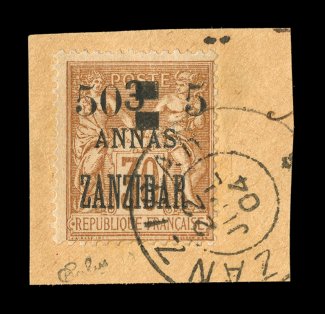 51, 1904 50c & 5a on 3a on 30c Brown on bister, tied to piece by neat c.d.s., fresh color, fine only 100 issued and no mint exist signed Calves and accompanied by a 2000 J.F.
Brun certificate (Yvert 59 Ç1,300).