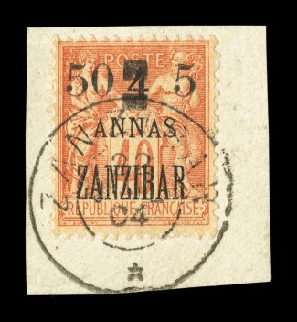 52, 1904 50c & 5a on 4a on 40c Red on straw, tied to piece by complete c.d.s., bright and fresh, very fine only 100 printed and all known examples are used signed Carion, Miro
and accompanied by a 2000 J.F. Brun certificate (Yvert 60 Ç1,