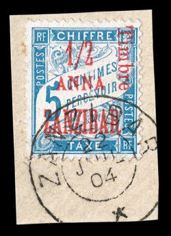 60, 1904 12a on 5c Blue postage due, tied to piece by neat c.d.s., brilliant color, fine and scarce signed Champion and accompanied by a 2000 J.F. Brun certificate (Yvert 68
Ç500).