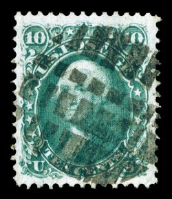 96, 10c Yellow green, F grill, excellent centering with huge margins all around, rich color, segmented grid cancel, extremely fine an especially large-margined example 1987 PF
certificate ex-Koppersmith.