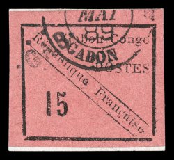 14, 1889 15c Black on rose, on piece with crisp c.d.s. at top, large margins all around, strong impression, very fine 2000 J.F. Brun certificate (Yvert 14
Ç1,300).
