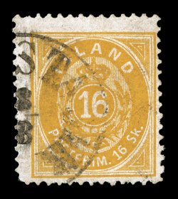4, 1873 16s Yellow, rare postally used copy, fairly strong color, c.d.s. cancel, fine 1996 APS certificate (Facit 4 SK22,000).