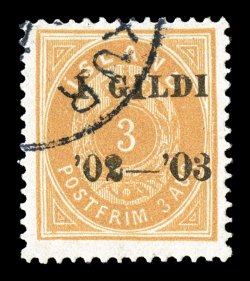 63, 1902 3a Orange, black overprint, perf. 14x13 12, bright color, neat town cancel, very fine overall an elusive stamp that is particularly challenging to find used 1998
Nielsen certificate (Facit 38 SK18,000).