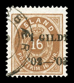 65, 1902-03 16a Brown, black overprint, perforated 14x13 12, strong rich color, unobtrusive town c.d.s., fine used examples of this stamp are quite rare, this being the first
such copy we have ever offered 1996 Nielsen certificate (Facit