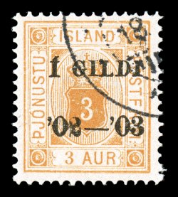 O25, 1902-03 3a Yellow official, black overprint, perf. 14x13 12,  nicely centered, attractive color, very fine a terribly difficult stamp to find used 1998 Nielsen certificate
(Facit Tj15 SK11,000).