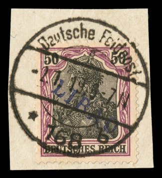 1N2-6, 1N8-13, 1919 5pf-50pf LIBAU overprints, complete in both red and violet blue overprints except for the 2 12pf values (total of eleven stamps), each tied to piece by neat
Feldpost c.d.s., bright colors throughout, very fine most are si