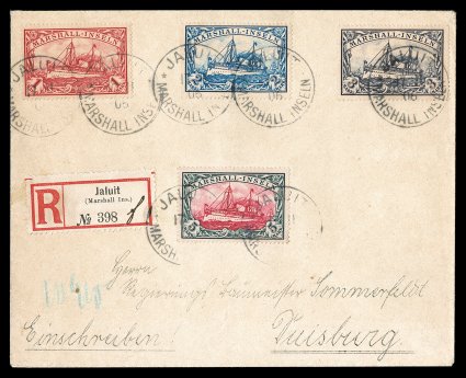22-25, 1901 1M-5M Kaiser Yachts tied by Jaluit Marshall Inseln 1711 06 c.d.s. postmarks on registered cover to Duisburg, Germany (backstamped), very fine and attractive 2006
Steuer certificate cataloged as used stamps (Michel 22-25 Ç1,08
