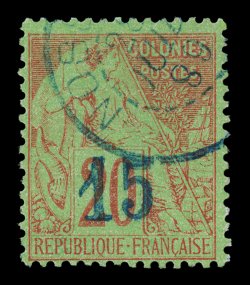 7, 1889 15 Blue surcharge on 20c Red on green, strong colors, neat blue c.d.s. cancel, fine signed Miro, A. Brun (Yvert 4 Ç1,100).