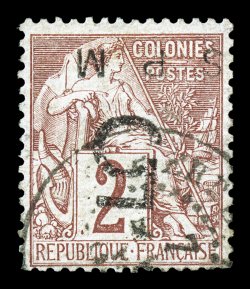 9, 1885 5SPM Surcharge on 2c Brown on buff, with inverted surcharge as always, fresh color, fairly well centered, light c.d.s. cancel, overall a very fine example of this
particularly elusive stamp 2000 J.F. Brun certificate (Yvert 1 Ç3,50