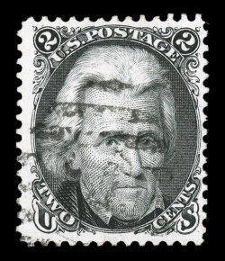 103, 2c Black re-issue, nicely centered amid large margins, deep color and a well incised impression on bright paper, unusually light duplex cancel, very fine there are less
than twenty confirmed used Two Cent 1861 Re-issues, with about hal