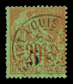 3, 1887 5 Type c surcharge on 20c Red on green, strong colors, neatly struck c.d.s. postmark, fine signed Calves (Yvert 1c Ç1,300).