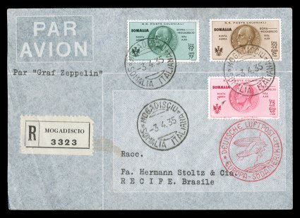 Sieger 299Aa, 1935 Fourth South America Flight, unlisted Zeppelin flight cover with four values of the 1934 air post semi-postal set tied by MogadiscioSomalia Italiana3. 4. 35
c.d.s., connecting with the Zeppelin through Friedrichshafen via