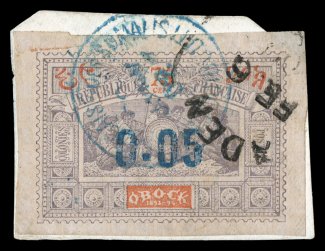 27B, 1902 0.05 Surcharge on 75c Gray lilac and orange, large even margins all around, tied to piece by blue c.d.s. postmark, also a portion of an Aden transit marking, very
fine and truly scarce 1992 Rendon certificate (Yvert 34 Ç1,300).