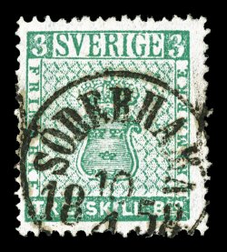 1b, 1855 3s Pale bluish green on thin paper, nicely centered, fresh color and a clean impression, neat Soderhamn c.d.s., very fine a highly collectable example of this scarce
classic signed Sjoman and accompanied by a 2001 Obermuller-Wilen cer